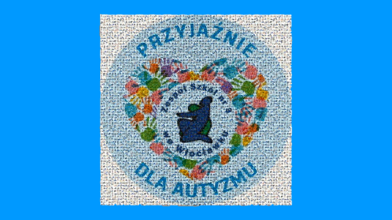 Na niebieskim tle logo Zespołu Szkół nr 3 we Włocławku umieszczone w sercu z kolorowych dłoni, wokół napis Przyjaźnie dla autyzmu